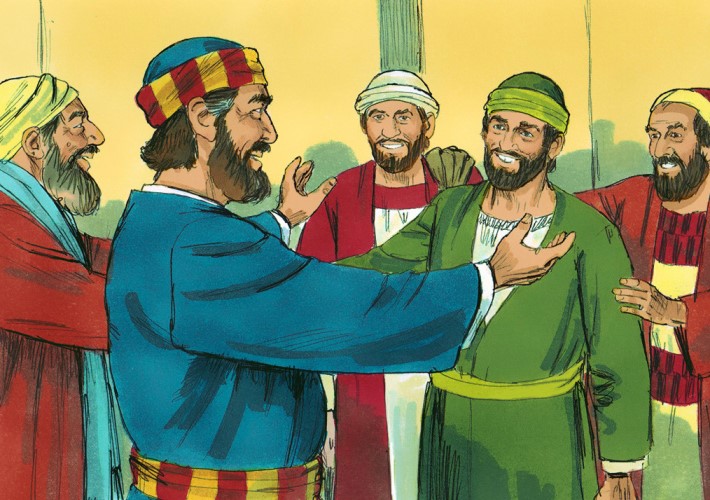 illustration of Jewish men welcoming each other